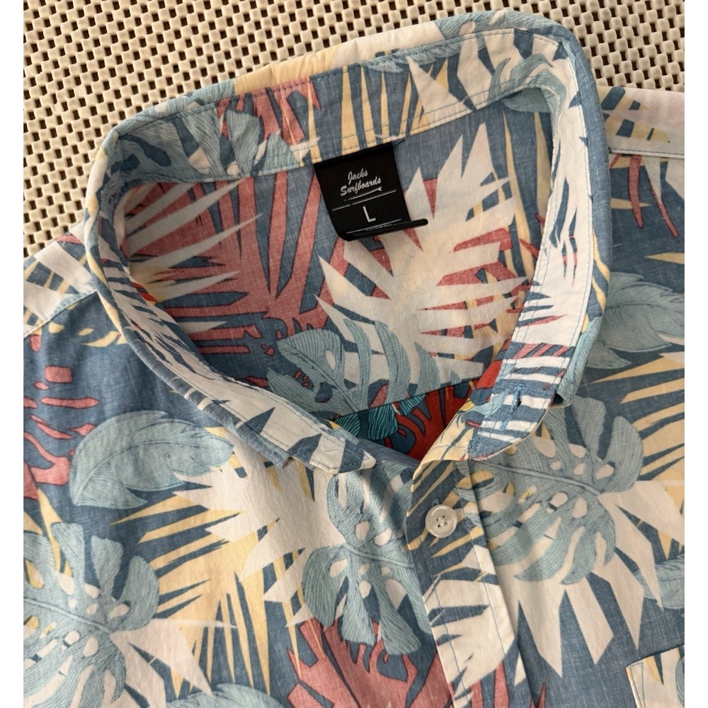 Jacks Surfboards Mens SS Button Down Stretch Hawaiian Shirt Size Large Tropical
